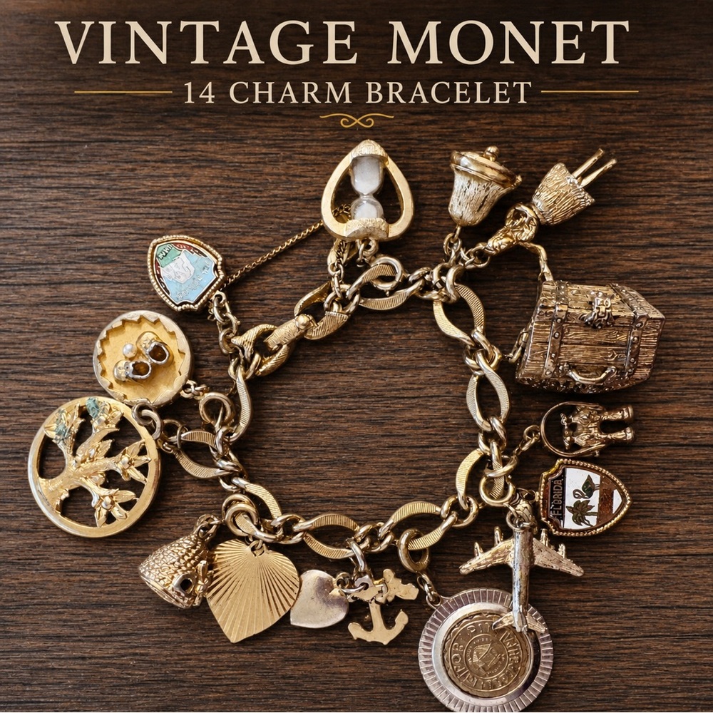 Vintage Monet Charm Bracelet 14 Charms Gold Tone Mixed Novelty 7” Signed